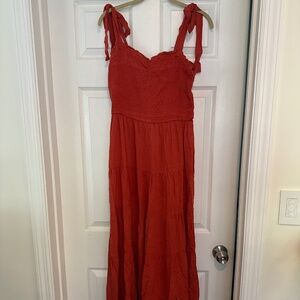 Sunny Days Off Rust Red Smocked Tie-Strap Jumpsuit